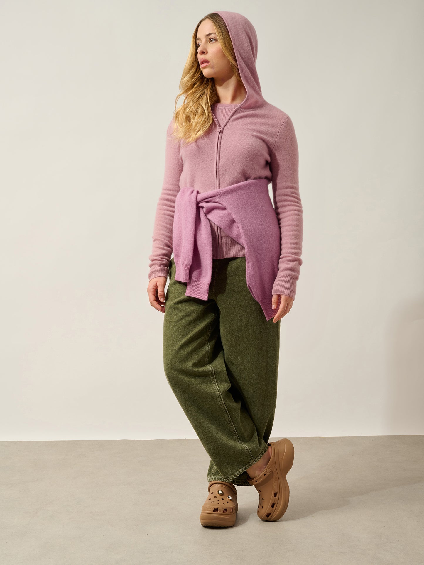 COLOMBIS gilet zippé capuche bois de rose 100% cachemire