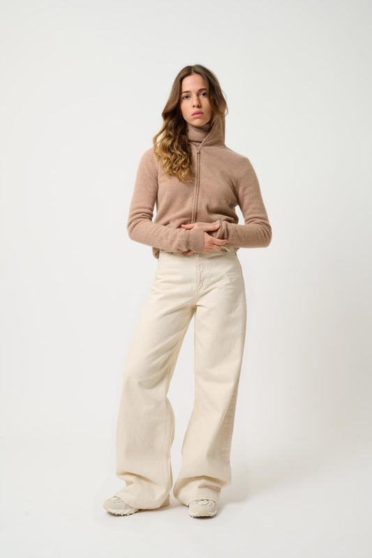 COLOMBIS 100% cashmere camel hooded zip cardigan