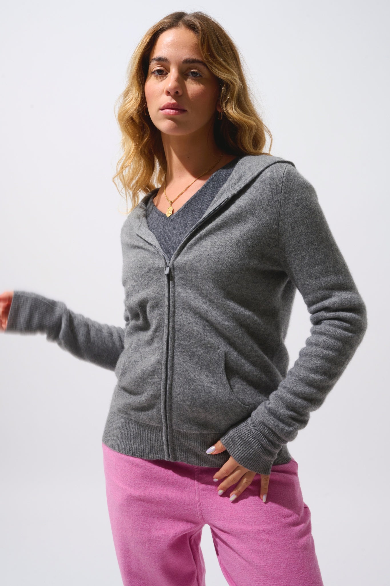 COLOMBIS gilet zippé capuche flanelle chiné 100% cachemire