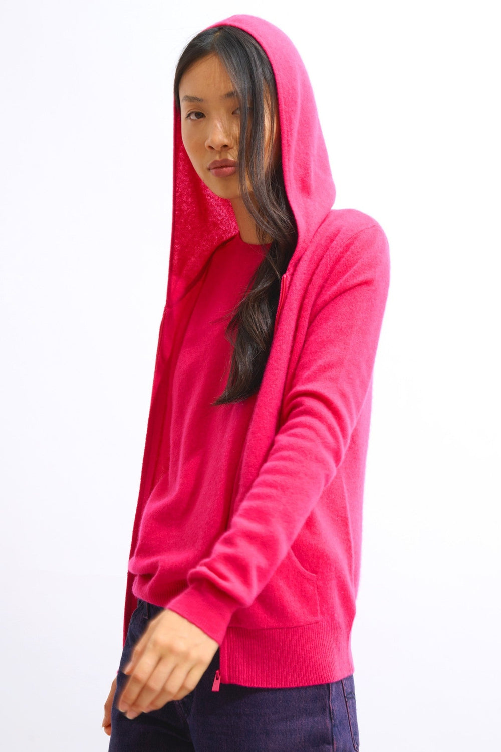 colombis gilet zippé capuche fuchsia 100% cachemire
