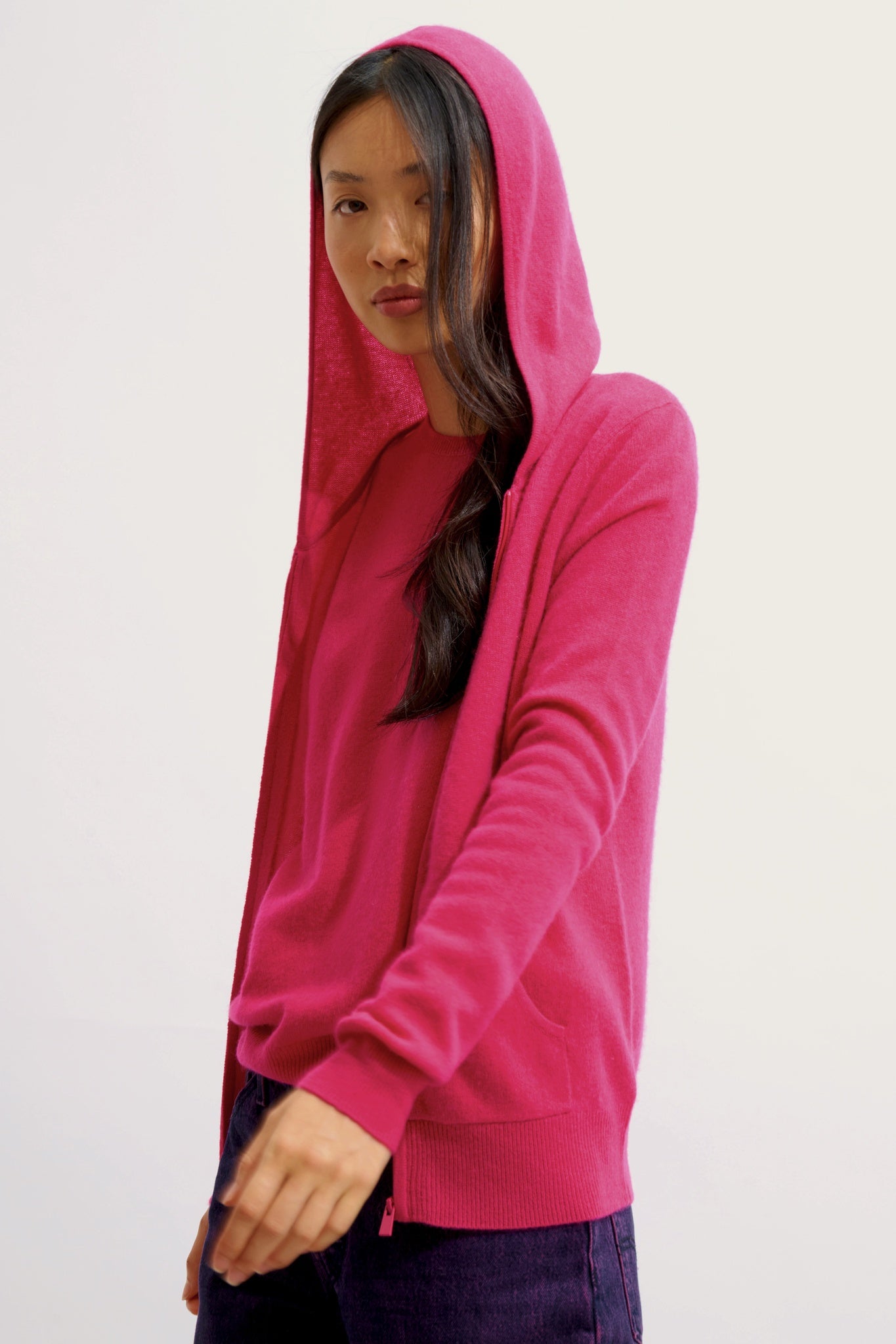 COLOMBIS hooded zip cardigan fuchsia 100% cashmere