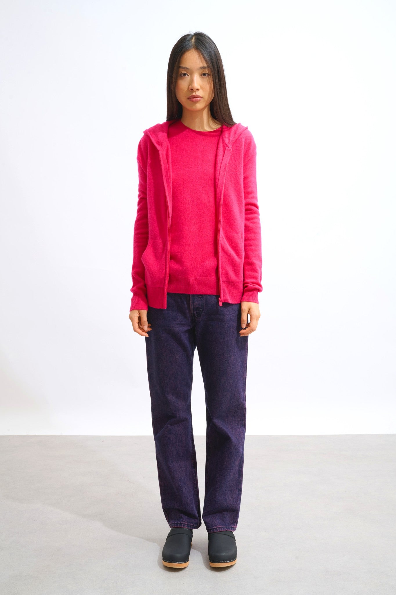 colombis gilet zippé capuche fuchsia 100% cachemire