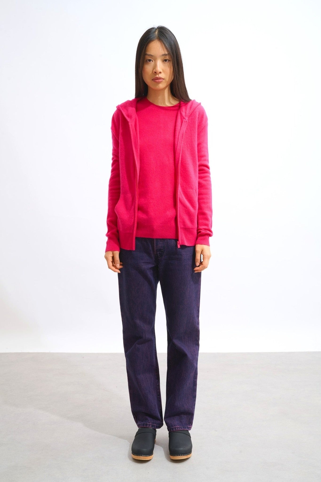 colombis gilet zippé capuche fuchsia 100% cachemire