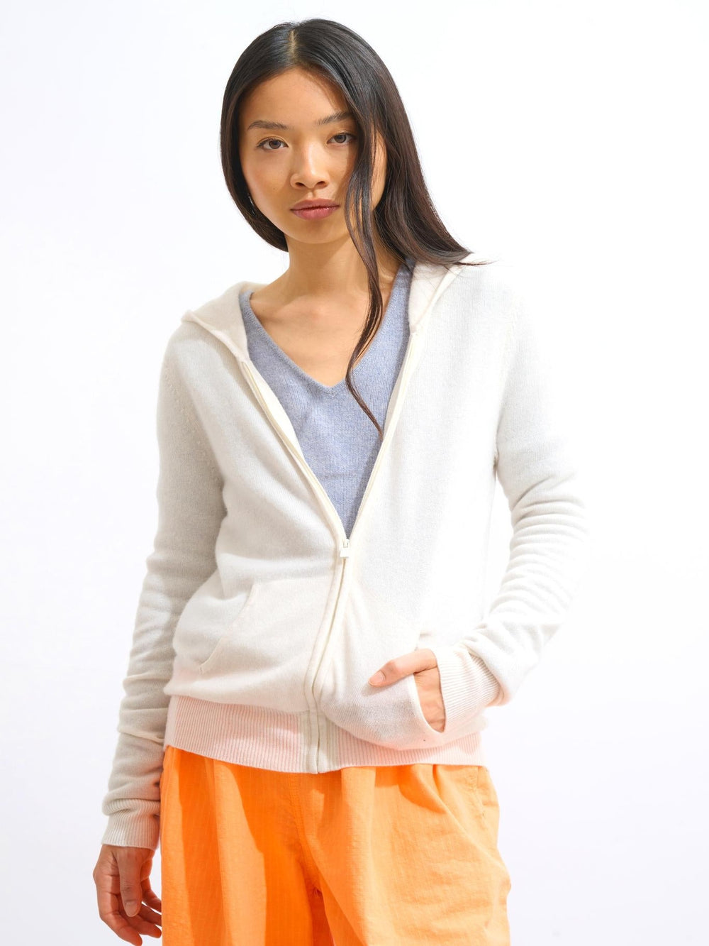 COLOMBIS gilet zippé capuche ivoire 100% cachemire