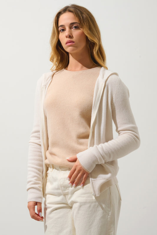 COLOMBIS gilet zippé capuche ivoire 100% cachemire