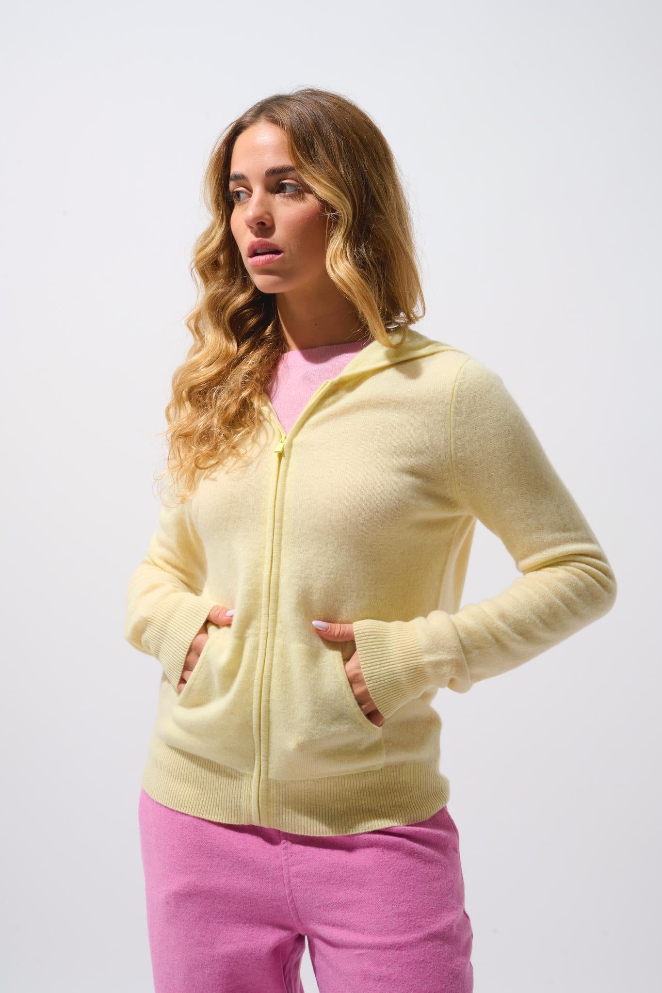 COLOMBIS gilet zippé capuche limonade 100% cachemire