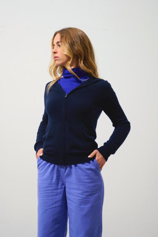 COLOMBIS navy 100% cashmere hooded zip cardigan