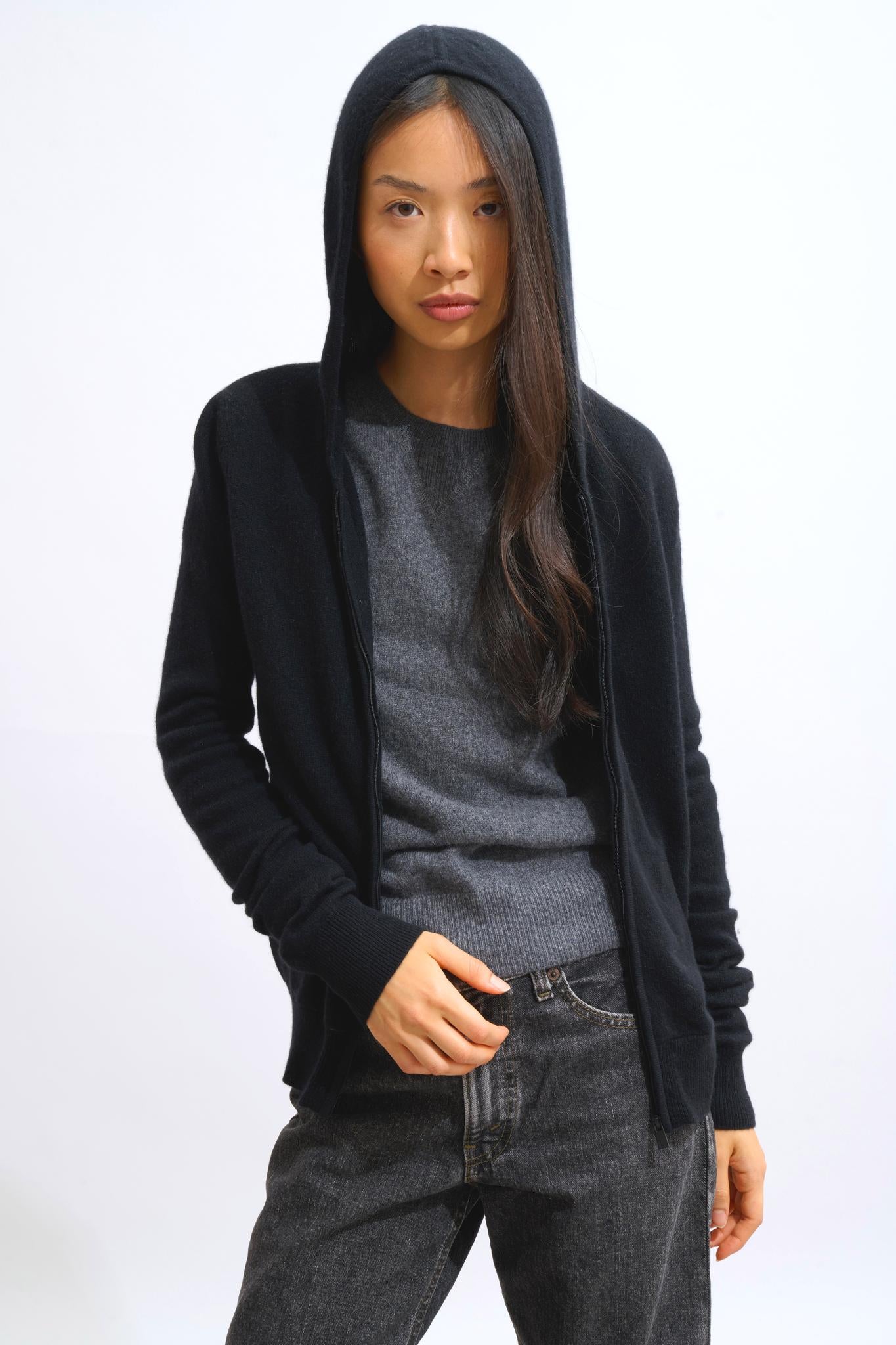 COLOMBIS gilet zippé capuche noir 100% cachemire