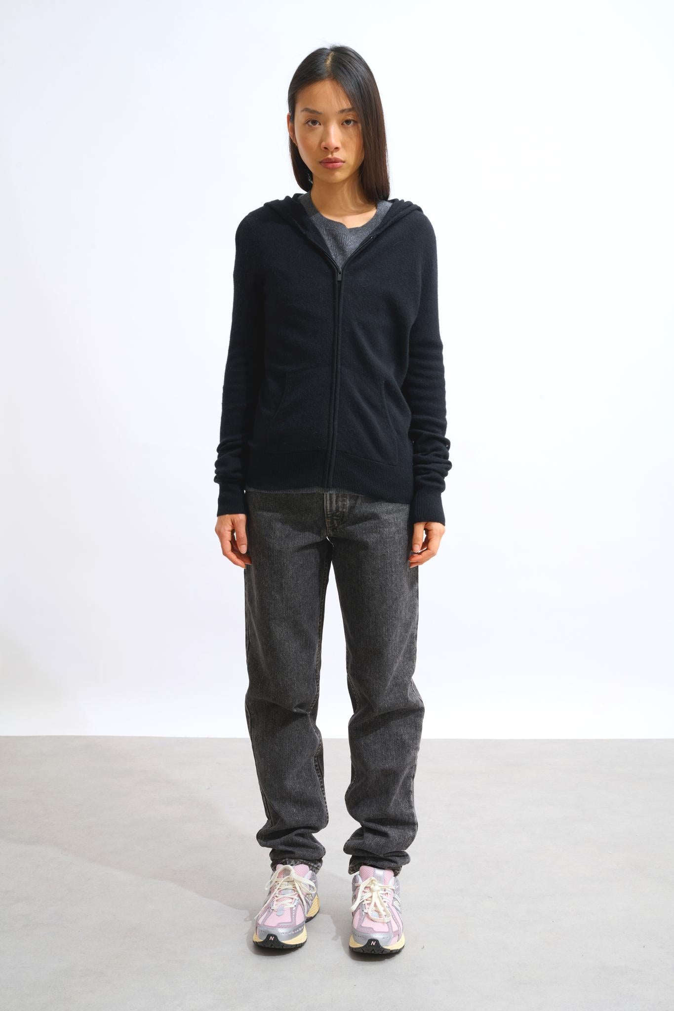 COLOMBIS gilet zippé capuche noir 100% cachemire