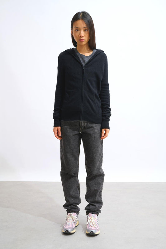 COLOMBIS black hooded zip cardigan 100% cashmere