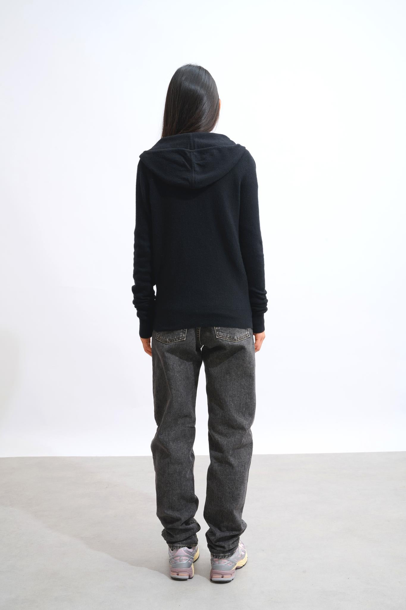 COLOMBIS gilet zippé capuche noir 100% cachemire