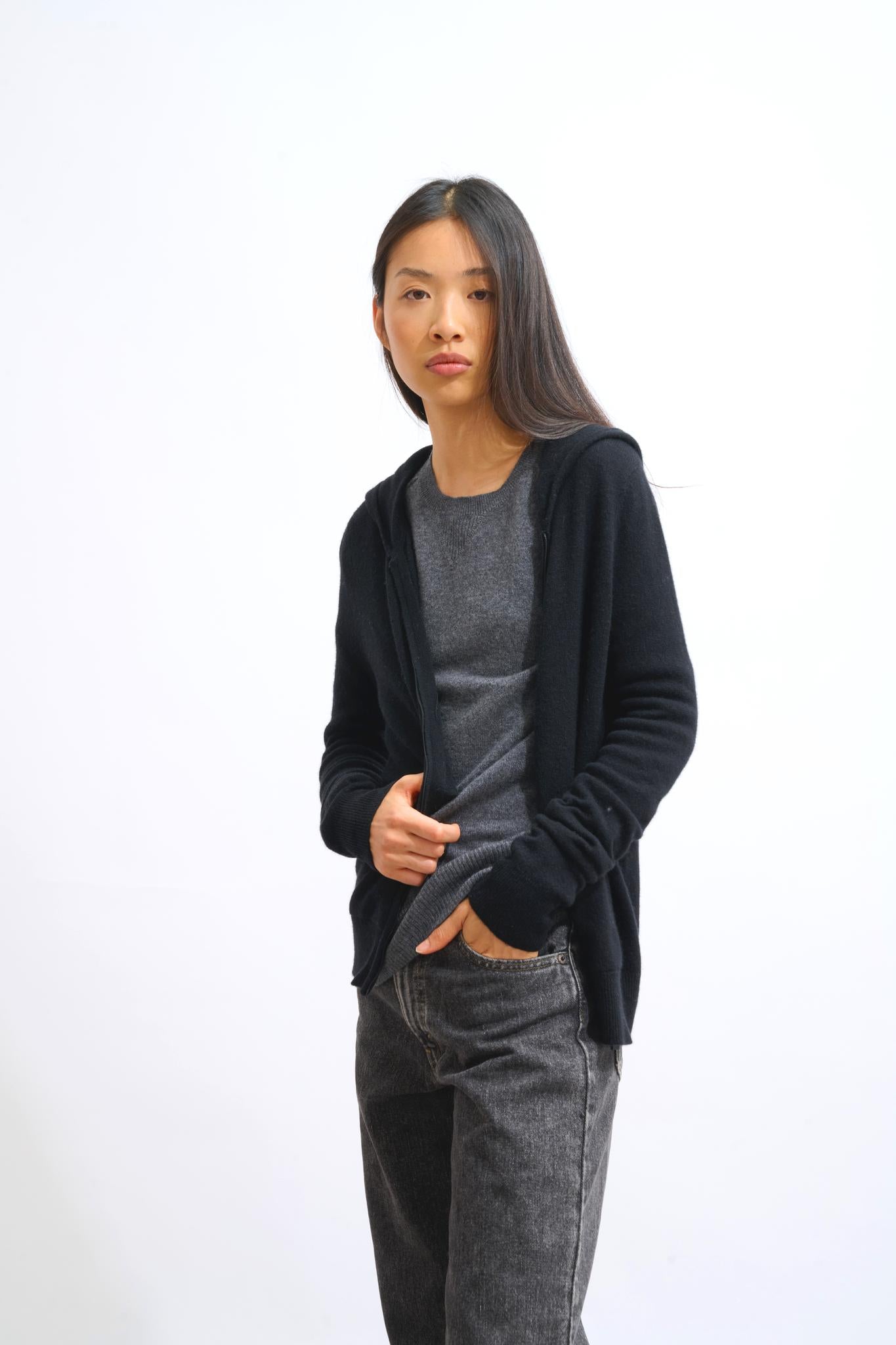 COLOMBIS gilet zippé capuche noir 100% cachemire