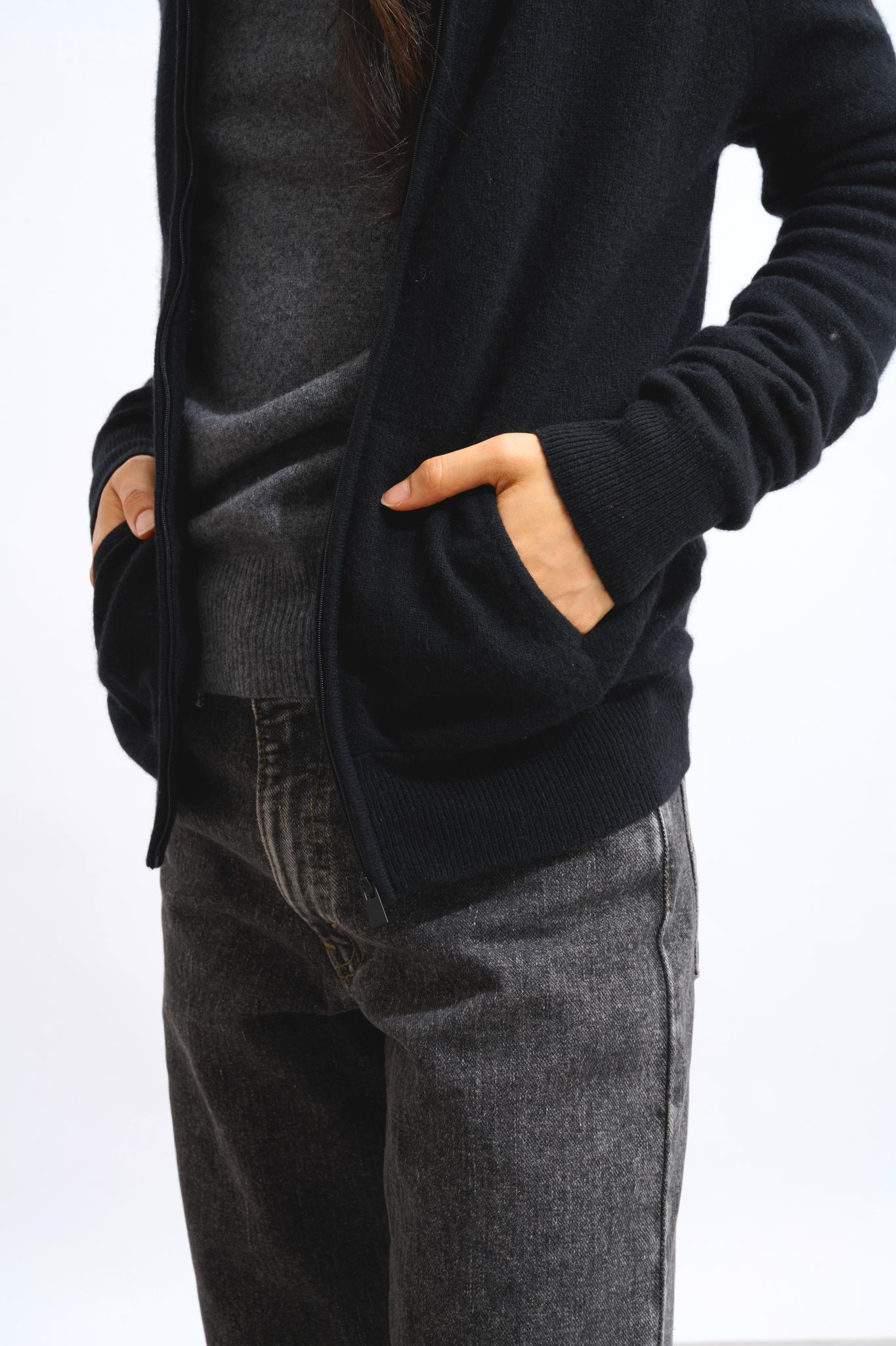 COLOMBIS gilet zippé capuche noir 100% cachemire