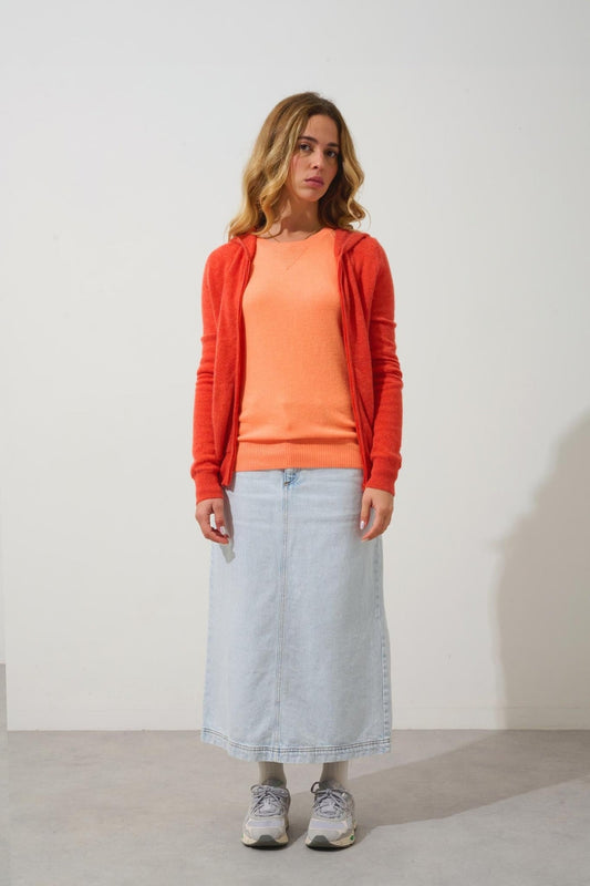 COLOMBIS gilet zippé capuche orange chiné 100% cachemire