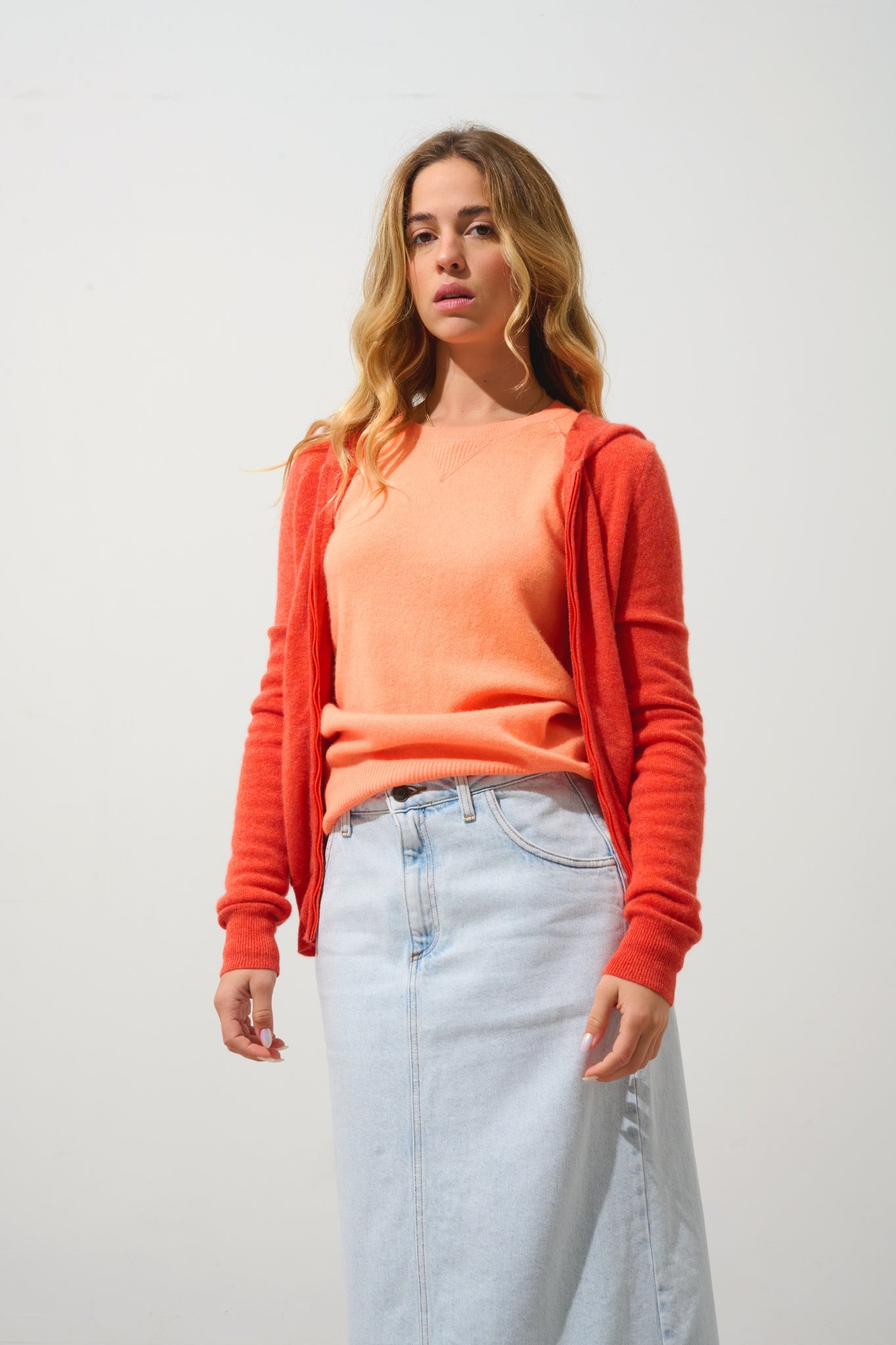 COLOMBIS gilet zippé capuche orange chiné 100% cachemire