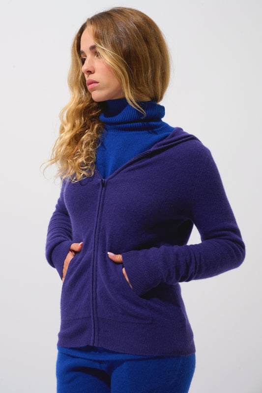 COLOMBIS gilet zippé capuche purple 100% cachemire