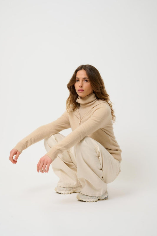 COLOMBIS hooded zip cardigan sand 100% cashmere