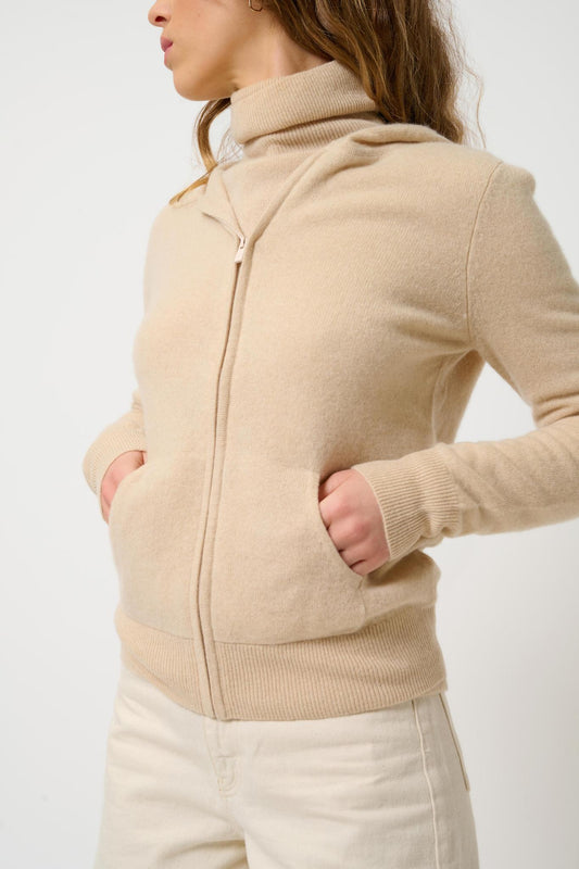 COLOMBIS hooded zip cardigan sand 100% cashmere