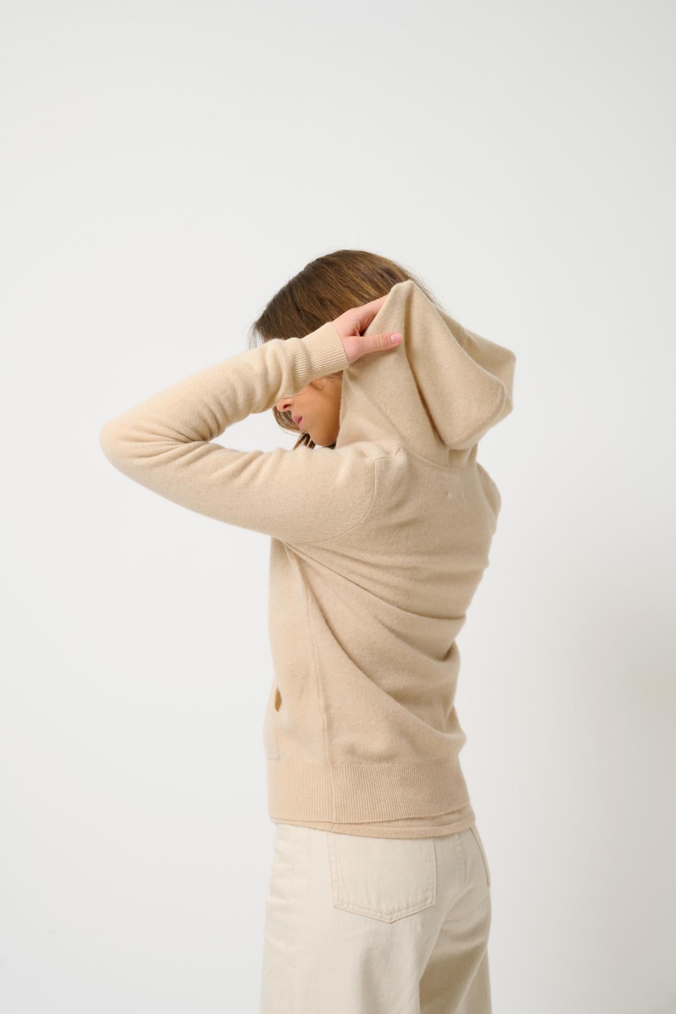 COLOMBIS gilet zippé capuche sable 100% cachemire