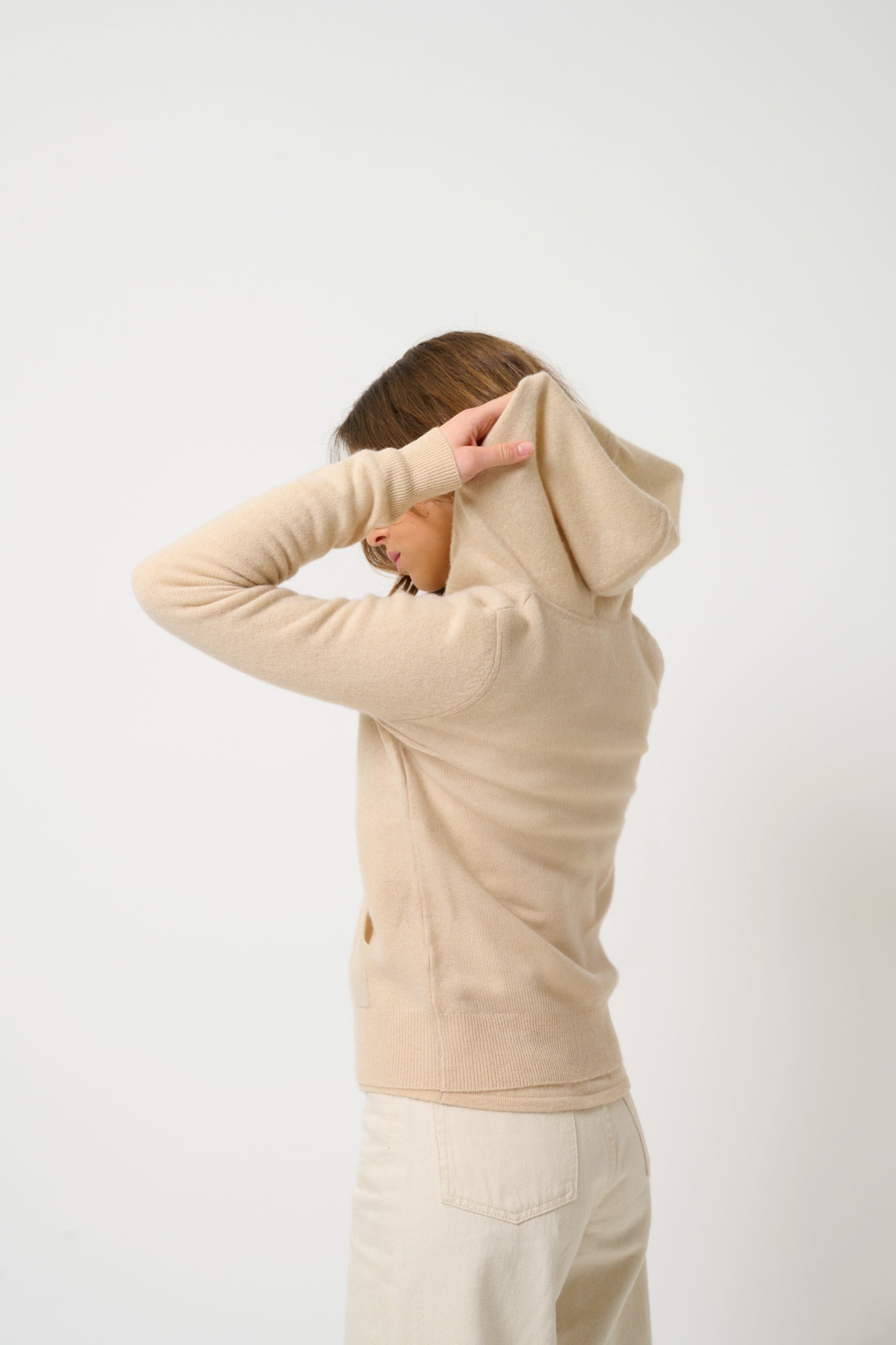 COLOMBIS gilet zippé capuche sable 100% cachemire