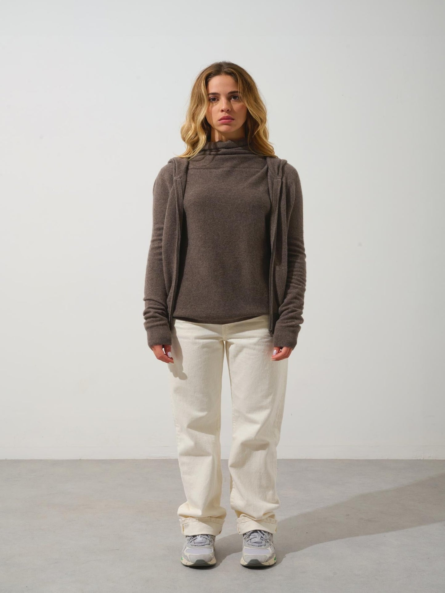 COLOMBIS gilet zippé capuche taupe chiné 100% cachemire