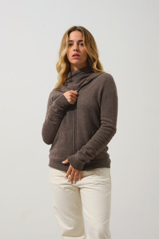 COLOMBIS taupe mottled hooded cardigan 100% cashmere