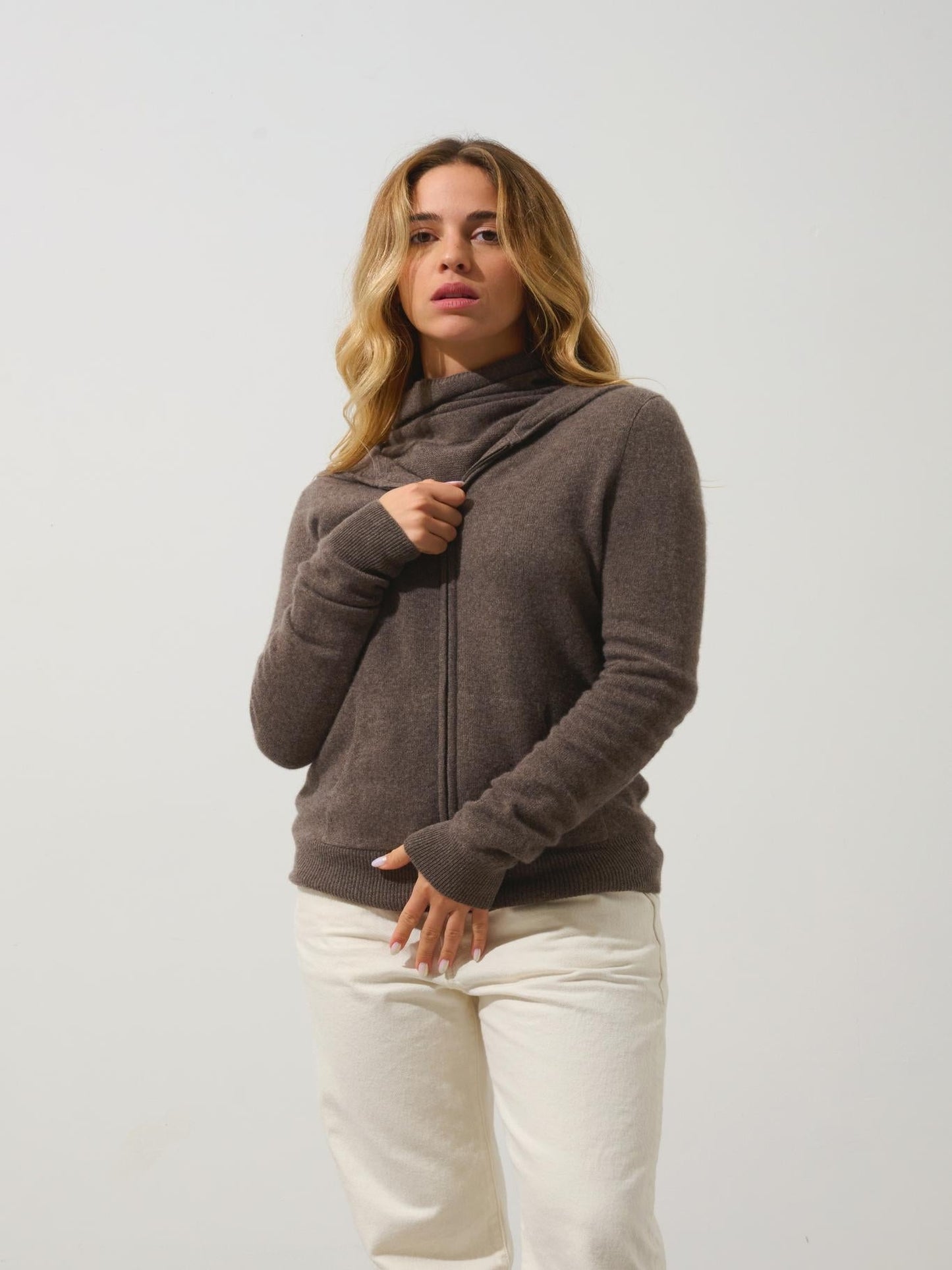 COLOMBIS gilet zippé capuche taupe chiné 100% cachemire