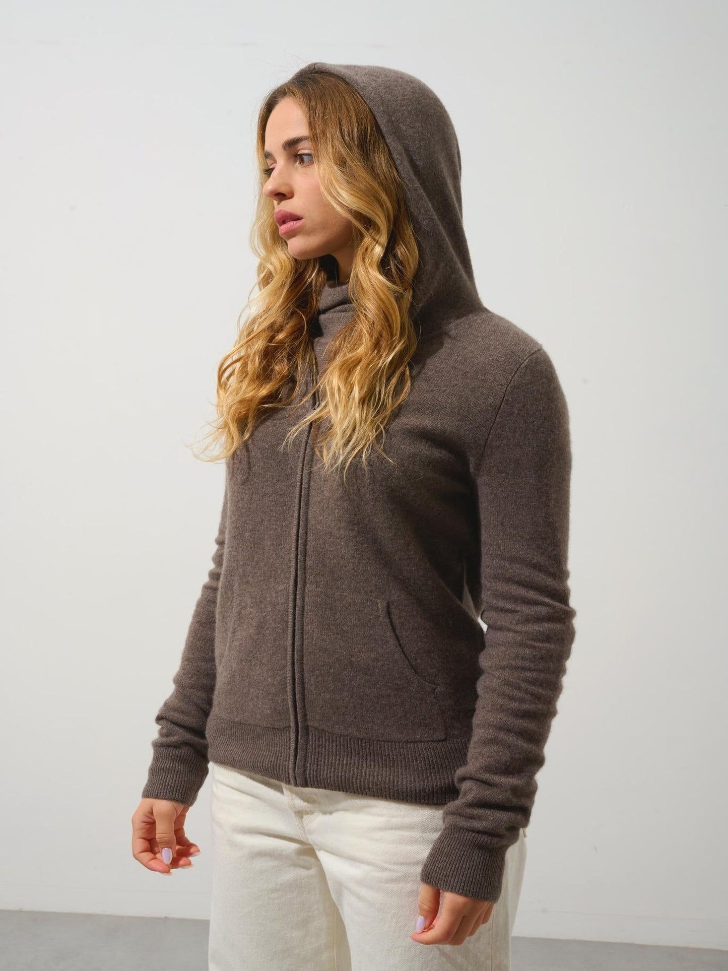 COLOMBIS gilet zippé capuche taupe chiné 100% cachemire