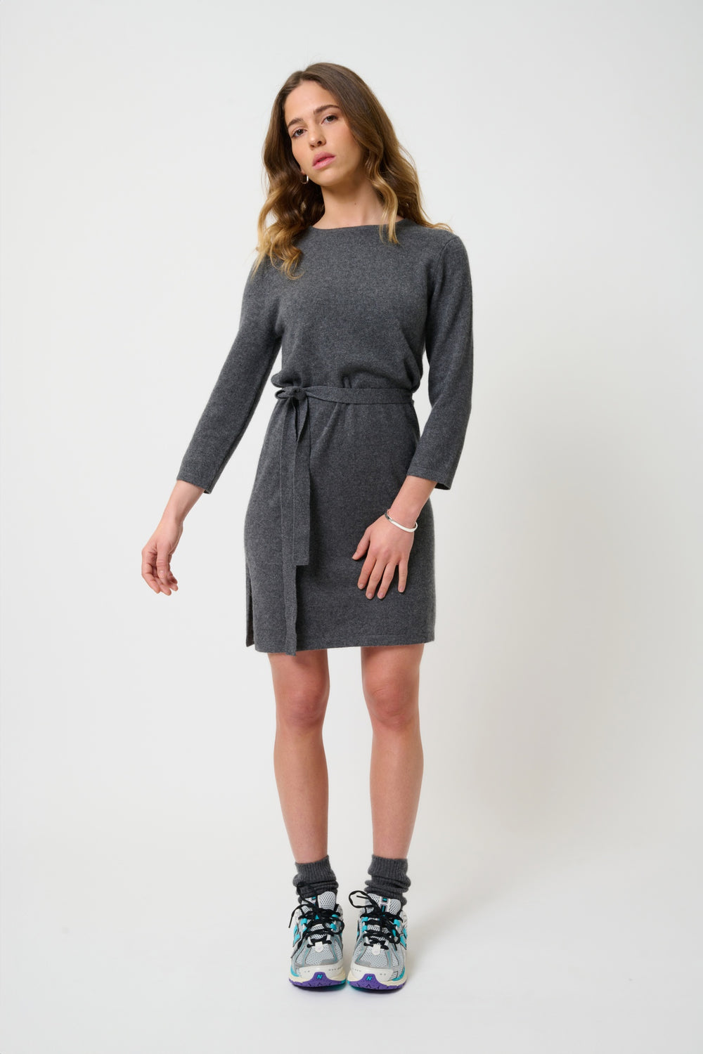 CONISTON Rundhalskleid mit Gürtel, Anthrazit meliert, 100% Kaschmir