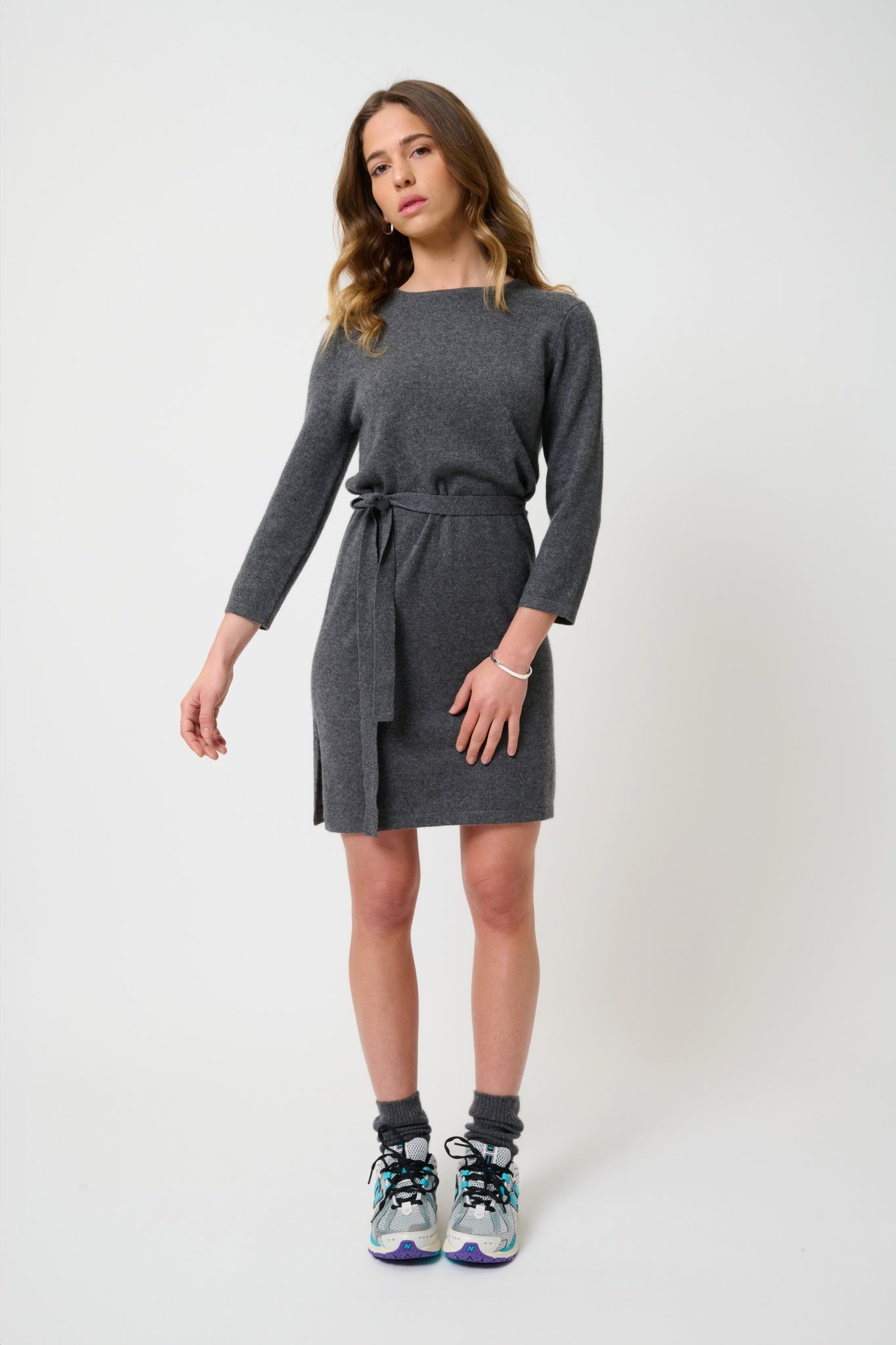 CONISTON Rundhalskleid mit Gürtel, Anthrazit meliert, 100% Kaschmir