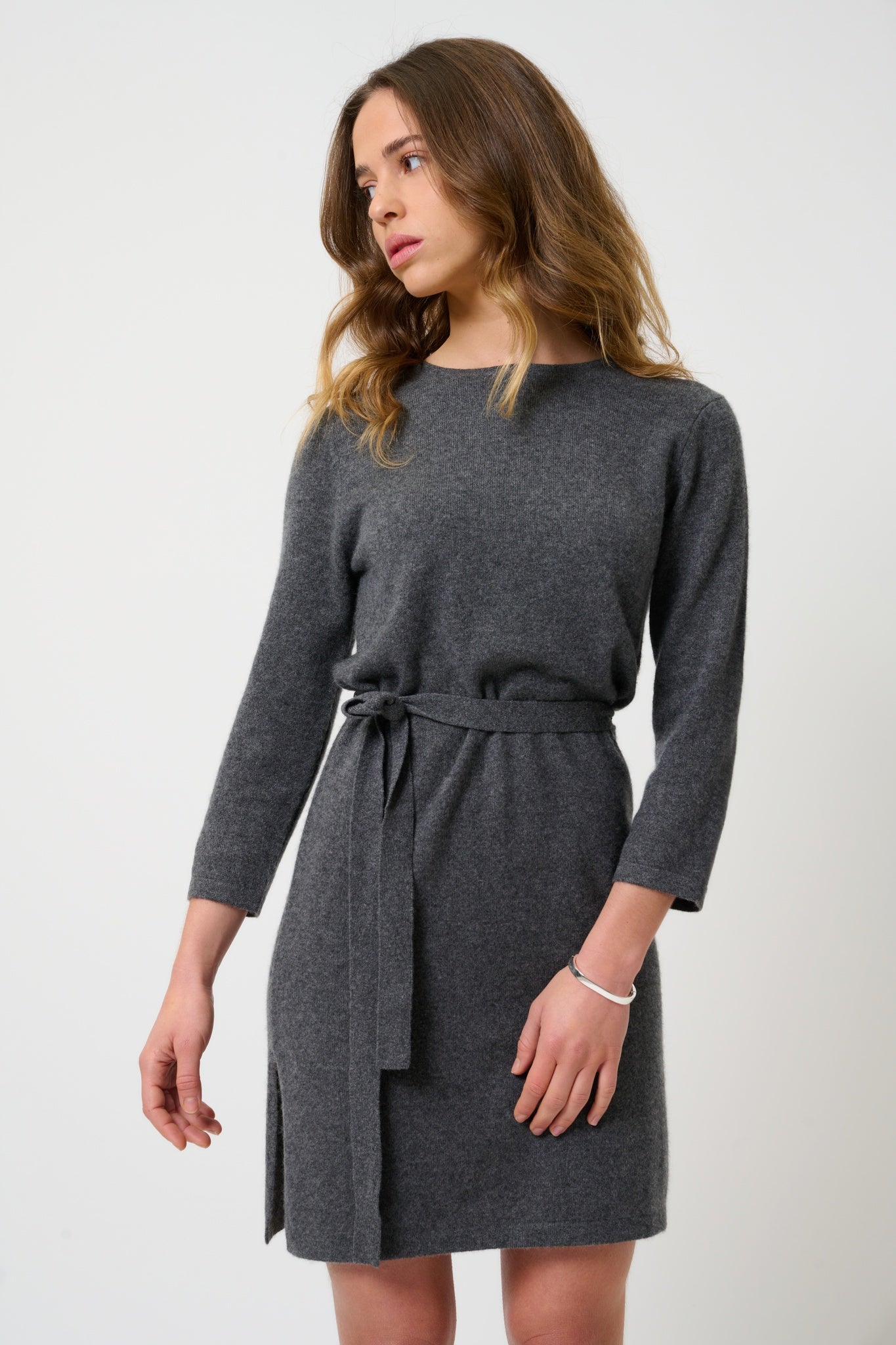 CONISTON Rundhalskleid mit Gürtel, Anthrazit meliert, 100% Kaschmir