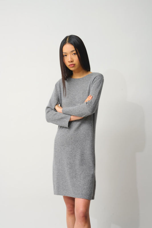 CONISTON 100% cashmere round-neck dress with chiné flannel belt