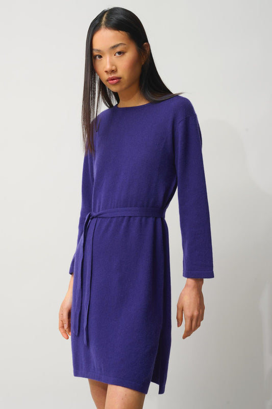 CONISTON round-neck dress with belt purple 100% cashmere