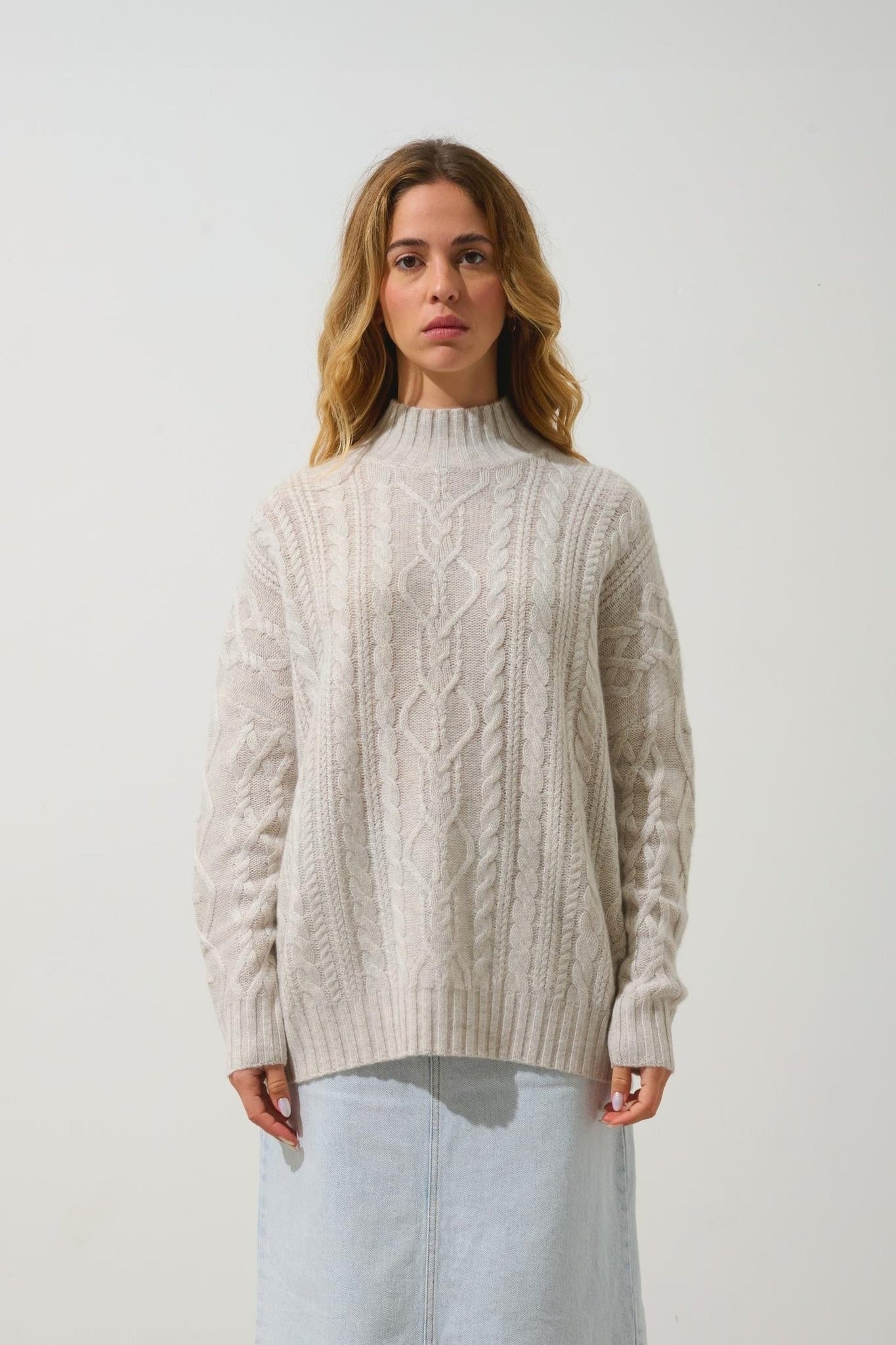 CORINNE 6-thread pearl-grey mottled high-neck sweater 100% cashmere