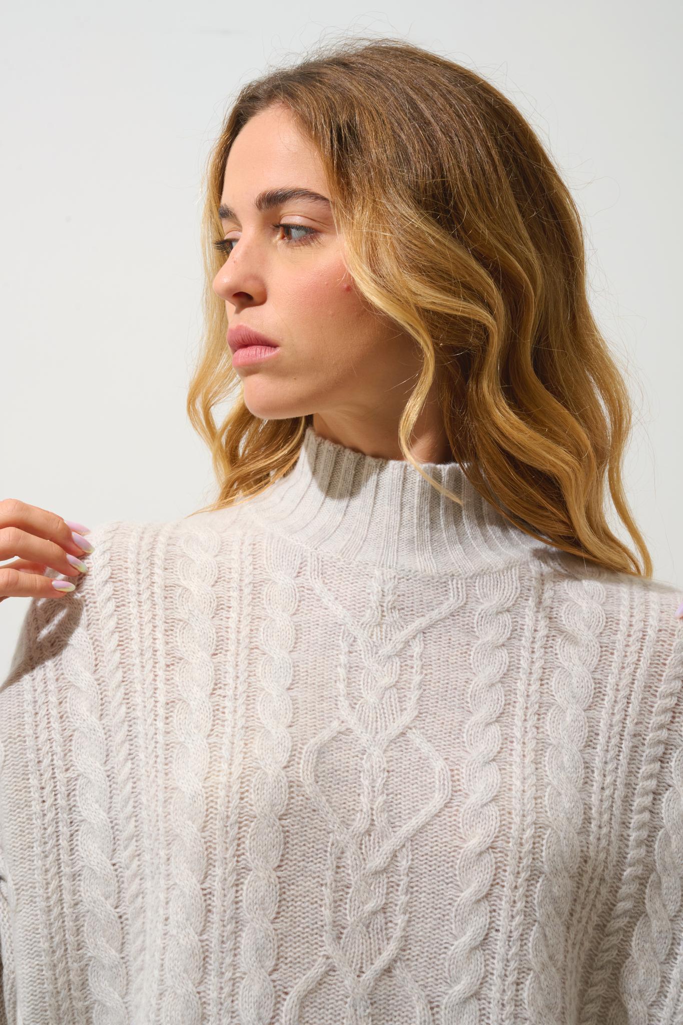 CORINNE 6-thread pearl-grey mottled high-neck sweater 100% cashmere