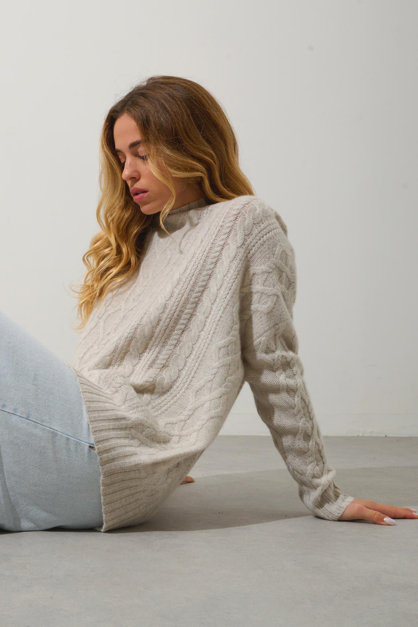 CORINNE 6-thread pearl-grey mottled high-neck sweater 100% cashmere