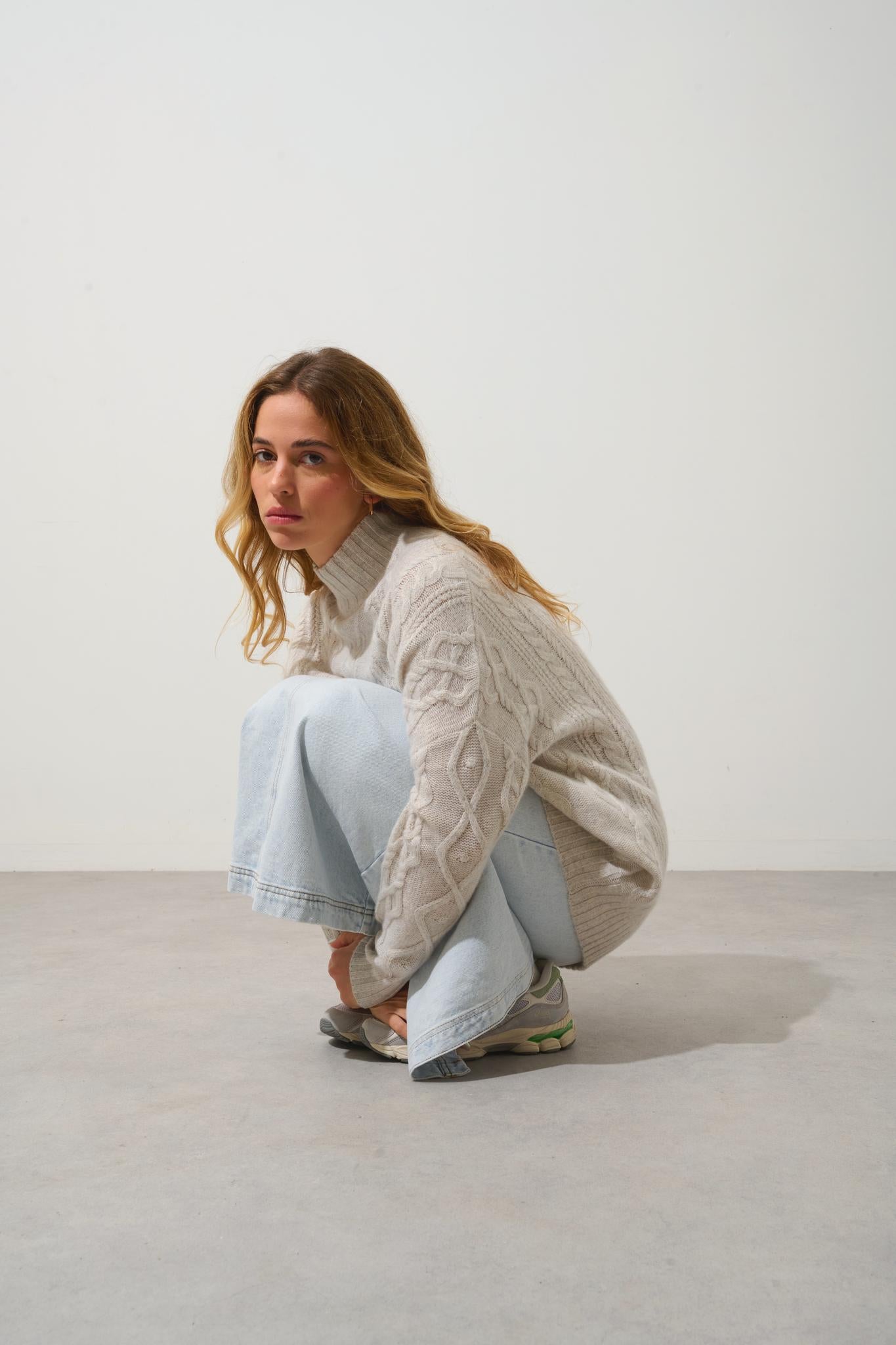 CORINNE 6-thread pearl-grey mottled high-neck sweater 100% cashmere