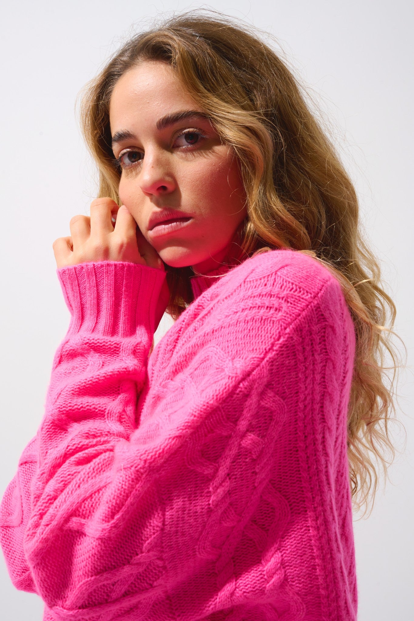 corinne pull col montant 6 fils rose fluo 100% cachemire