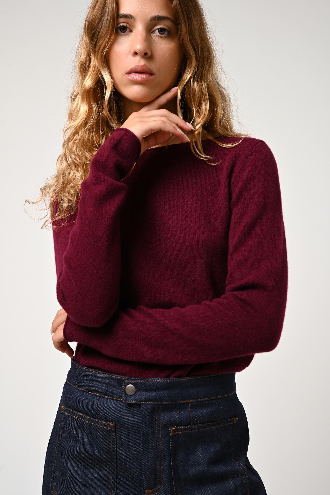 CRIOU burgunderfarbener Pullover mit U-Boot-Ausschnitt, 100 % Kaschmir