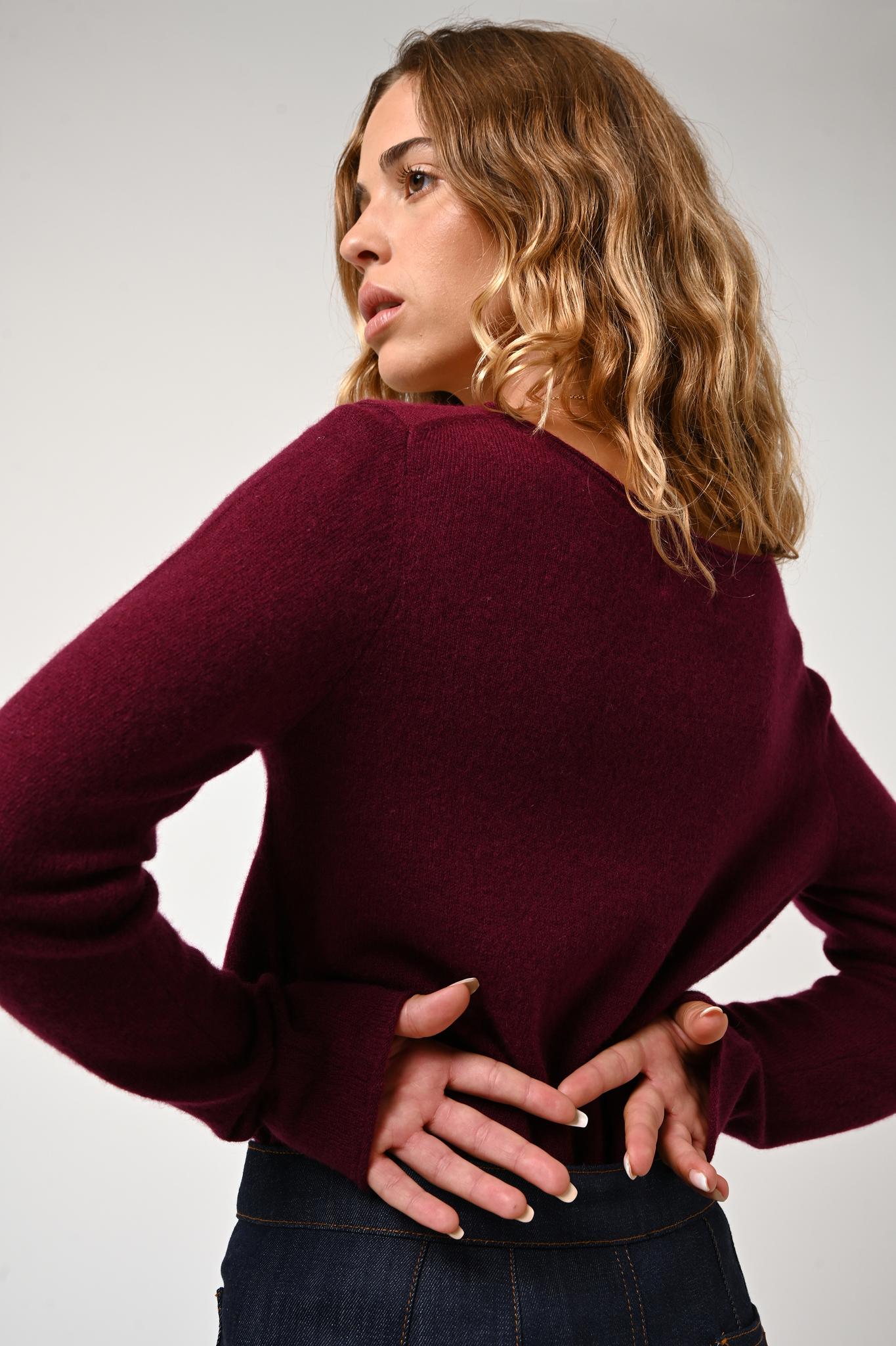 CRIOU burgunderfarbener Pullover mit U-Boot-Ausschnitt, 100 % Kaschmir