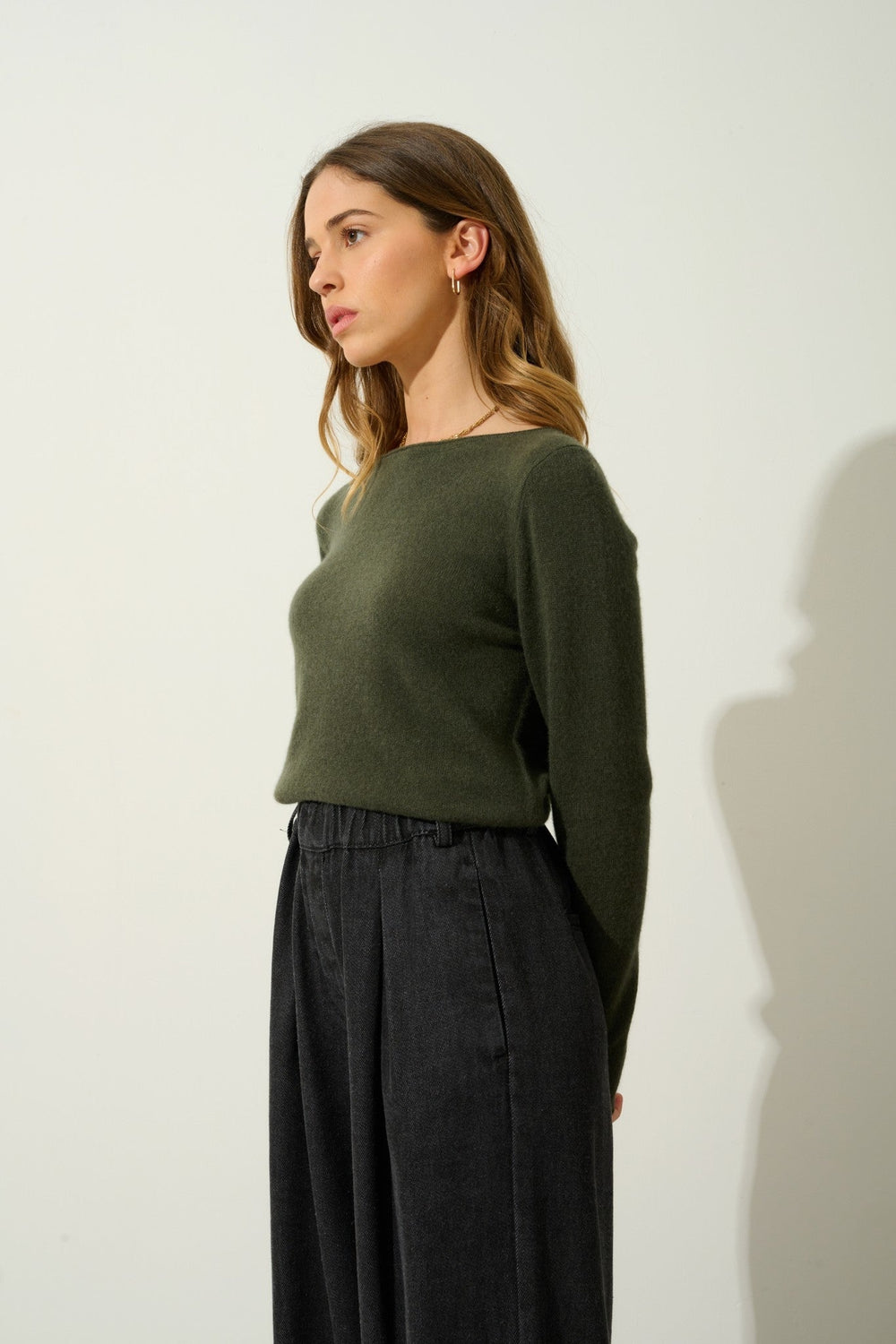 criou pull col bateau kaki 100% cachemire