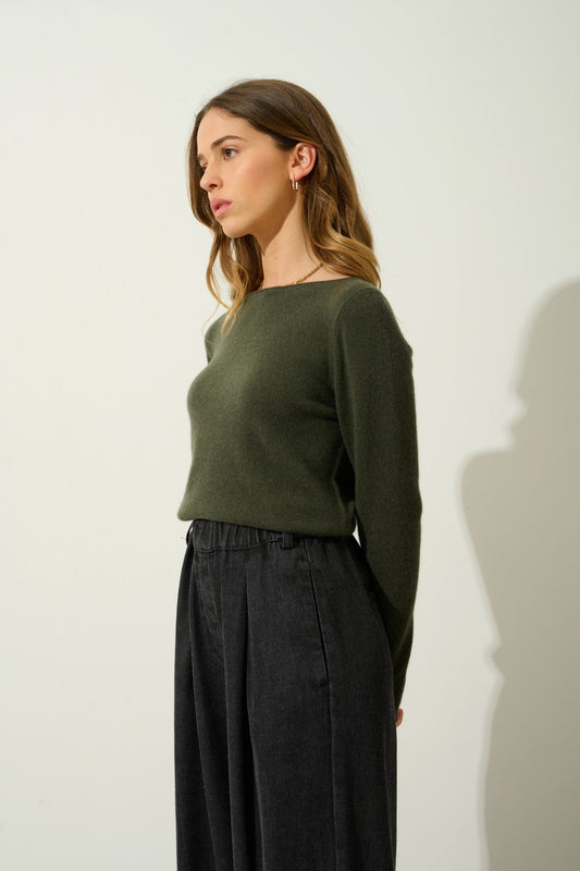 criou pull col bateau kaki 100% cachemire