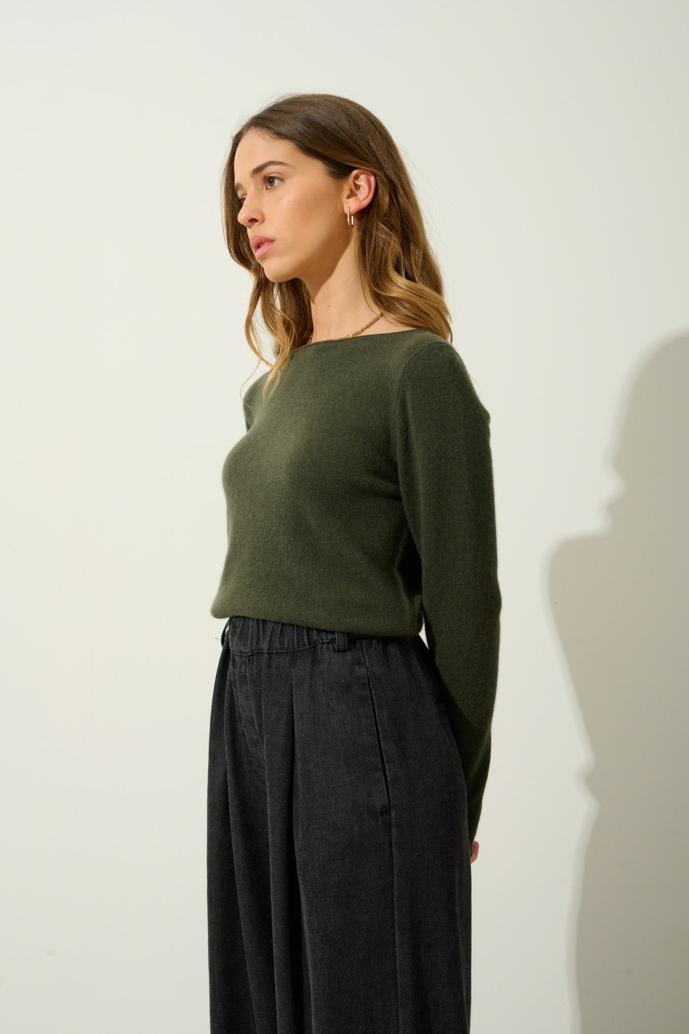 CRIOU pull col bateau kaki 100% cachemire