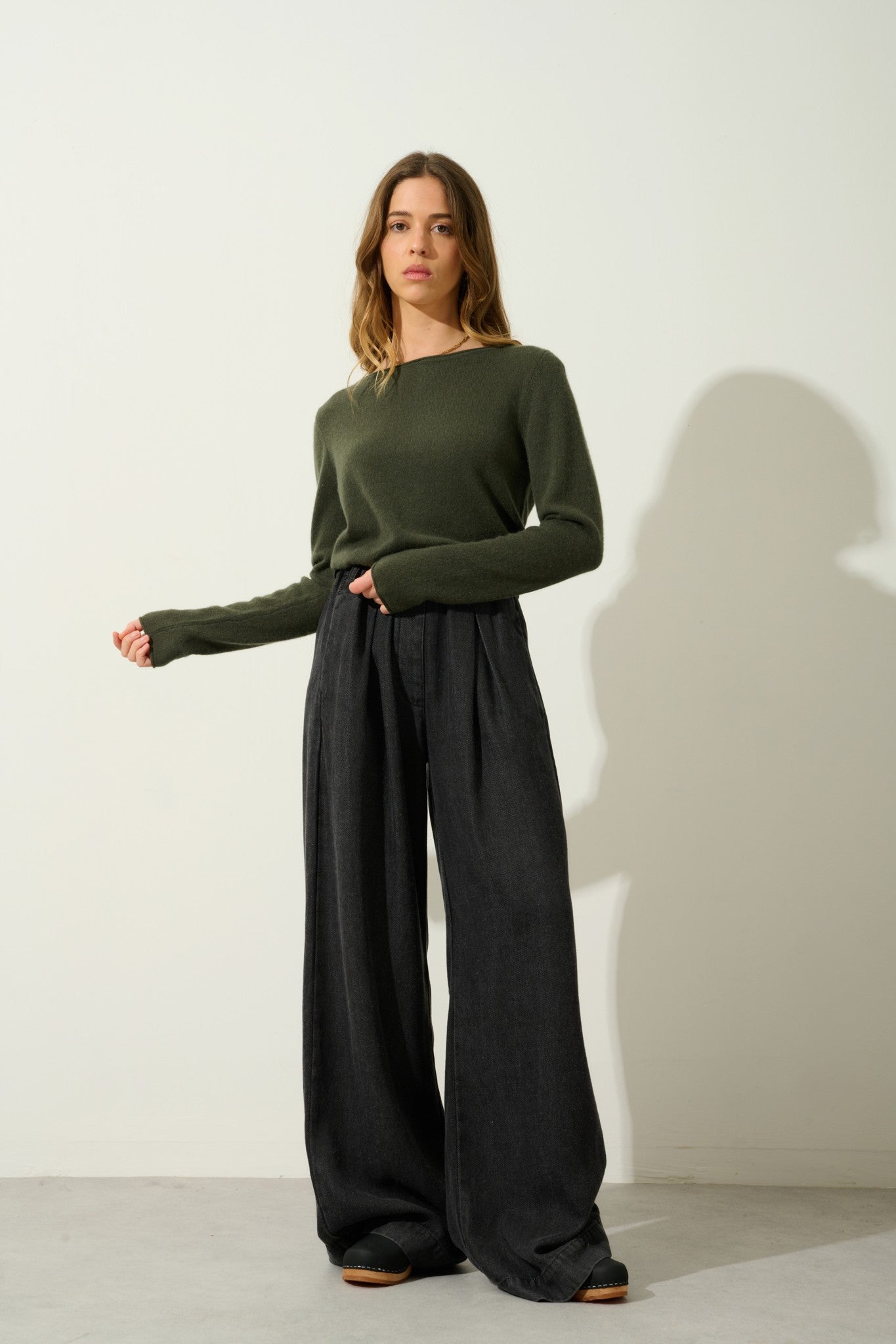 criou pull col bateau kaki 100% cachemire