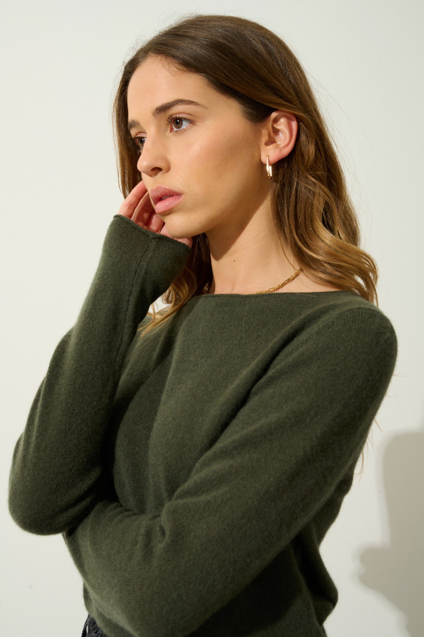 criou pull col bateau kaki 100% cachemire