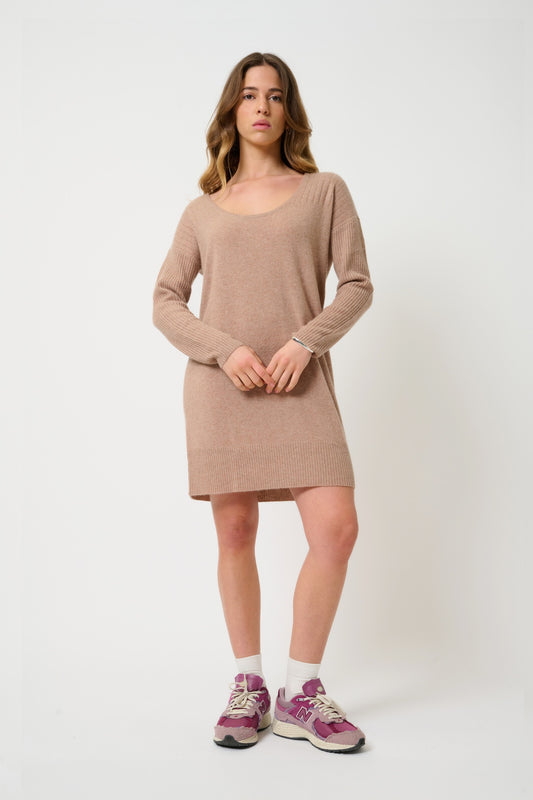 DANA robe col u camel chiné 100% cachemire