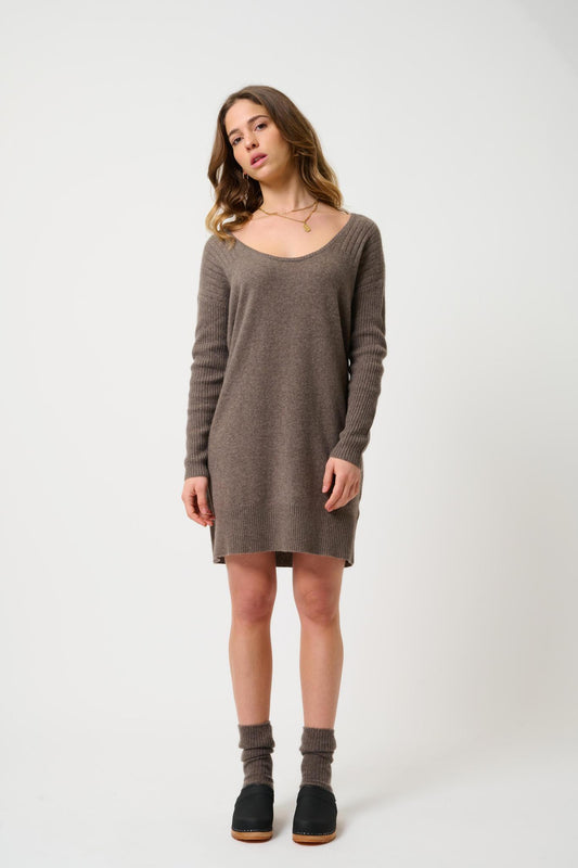 DANA taupe mottled u-neck dress 100% cashmere