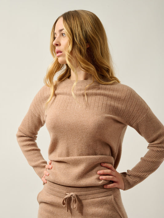 DARIA pull col rond camel chiné 100% cachemire