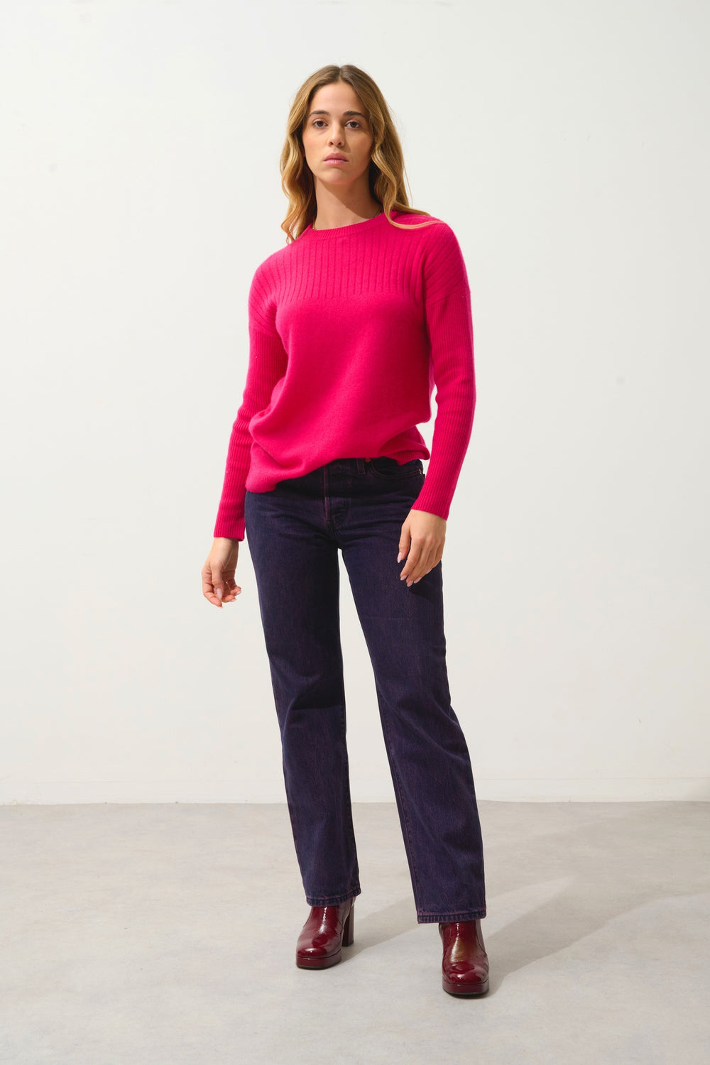 DARIA pull col rond fuchsia 100% cachemire