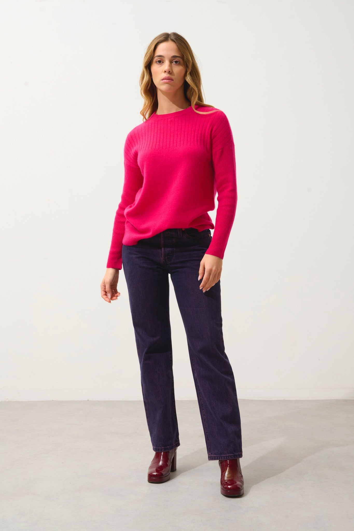 DARIA pull col rond fuchsia 100% cachemire